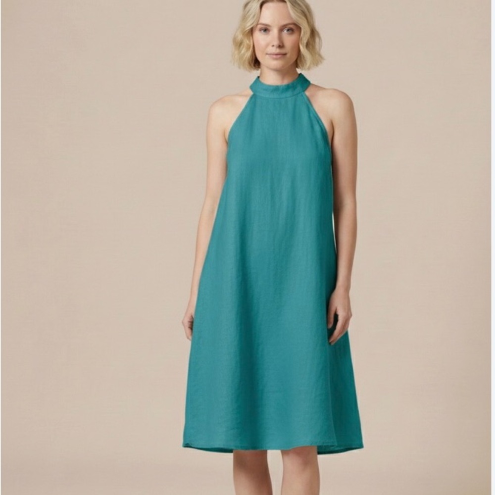 Sigrid Olsen 100% Linen Aqua / Teal / Blue Dress M / L Sleeveless Side Slits EUC
